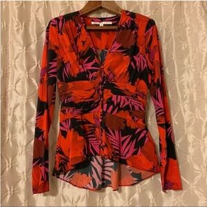 Veronica Beard Red Floral Pevero Silk Button Front Long Sleeve Blouse Flower